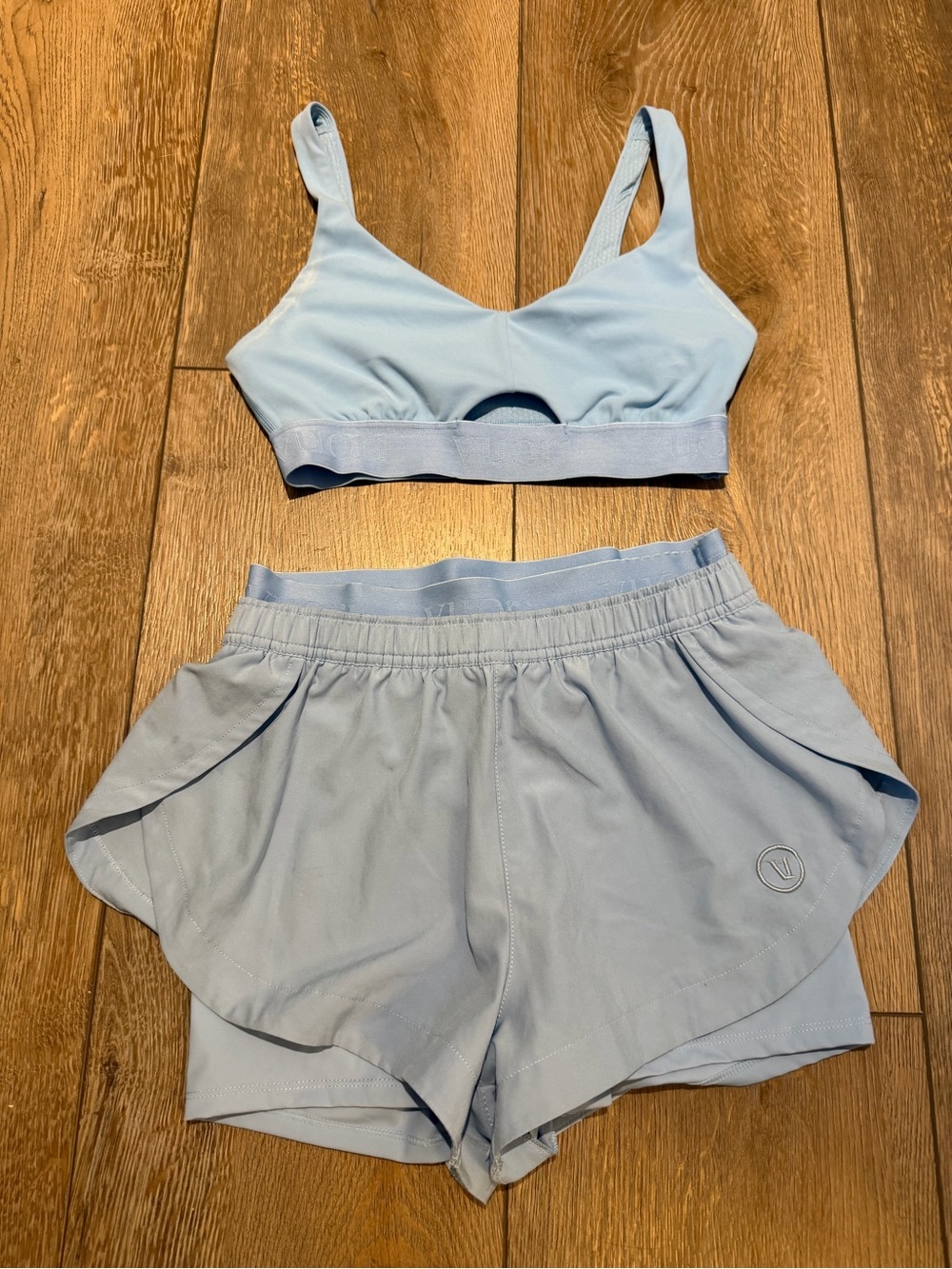 Vuori Light Blue Women's Active Lounge Bra & Shorts Set